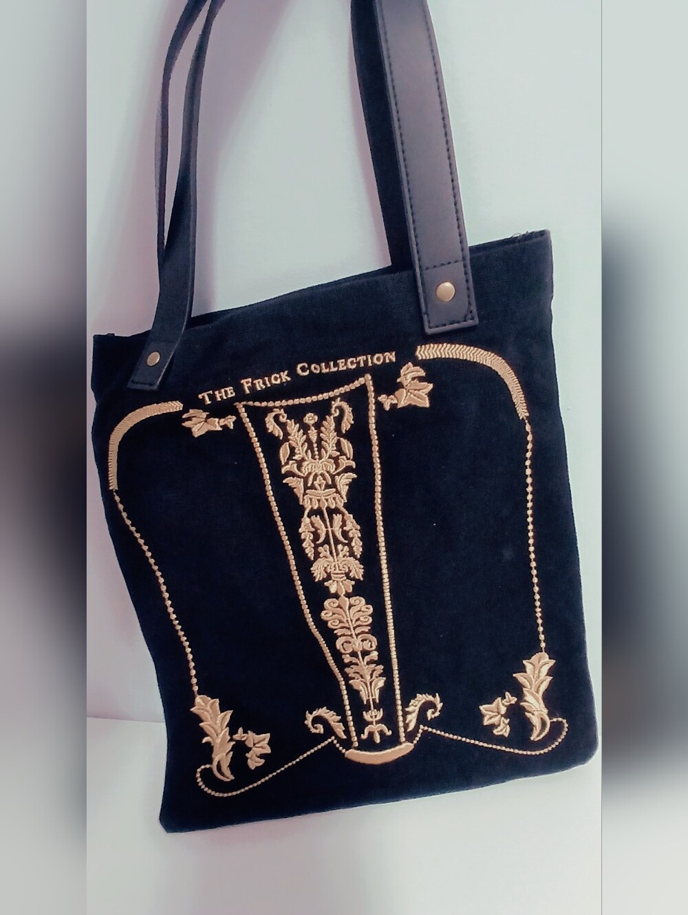 Frick Collection Museum Black Embroidered Canvas Tote with Leather Straps